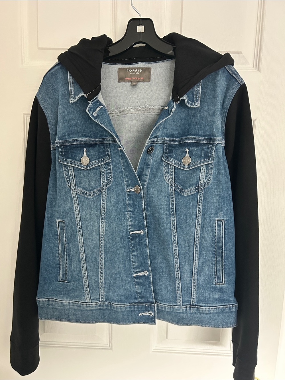 torrid Blue Denim Jacket with Black Hoodie Sleeves